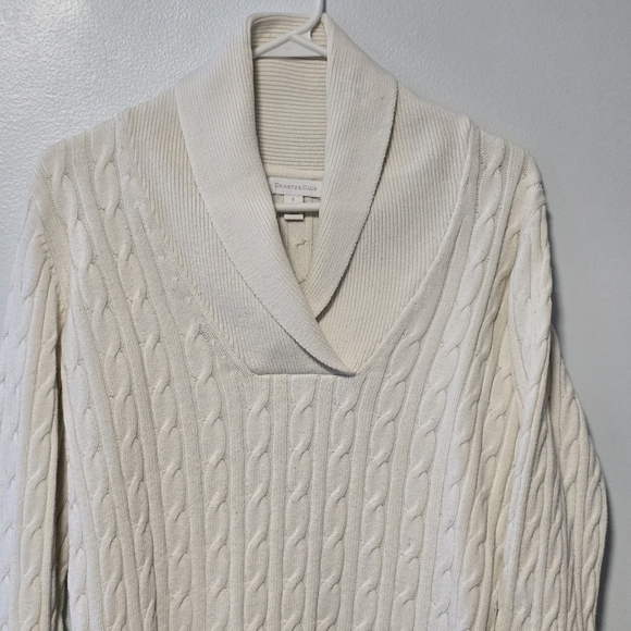 Charter Club Shawl Neck Cotton/Nylon Sweater Ivory/Creme Cable Knit Size S - Picture 2 of 11